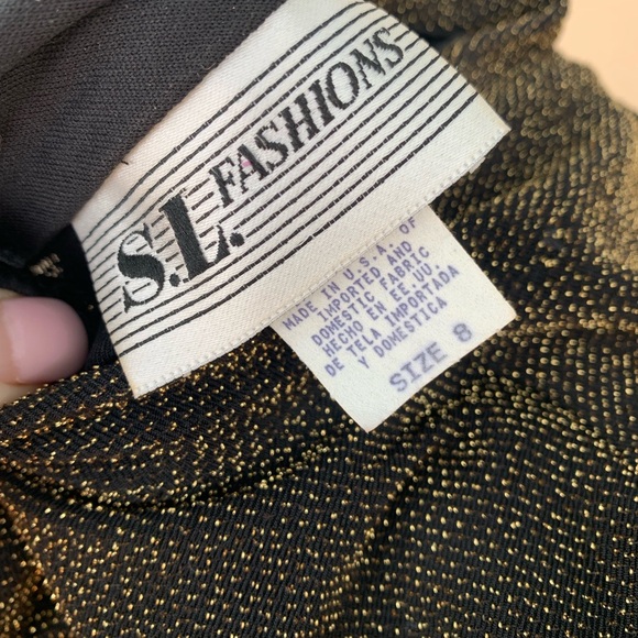 Vintage 90s Gold Peekaboo Evening Dress | Short Sleeve Mockneck Gown w Slit - Picture 11 of 11